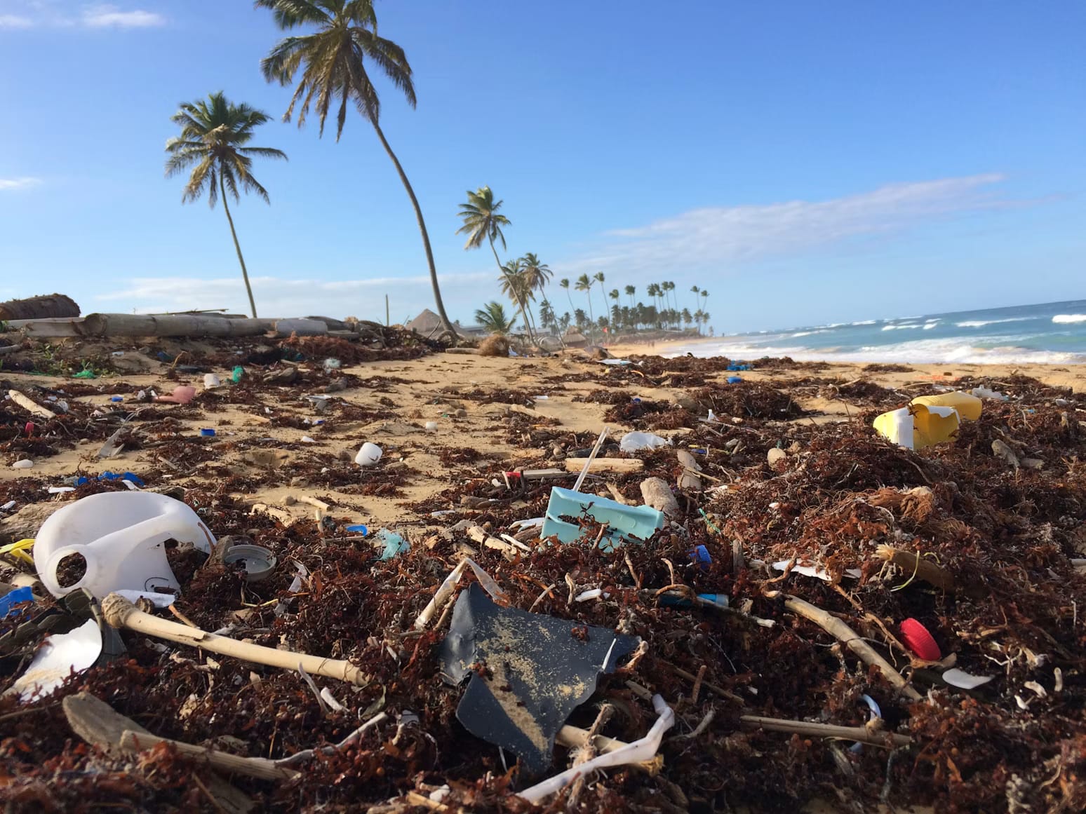A stretch of beach littered with plastic and trash.