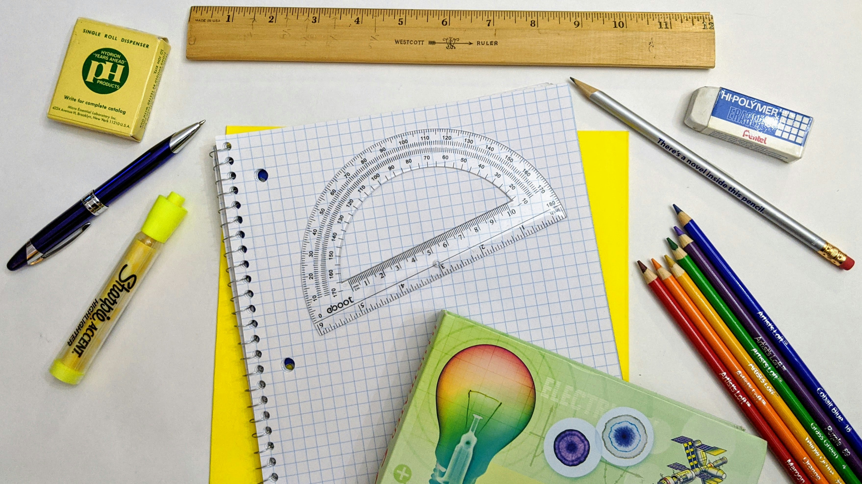 A backpack, wooden pencils, reusable lunch box, and notebook on a desk