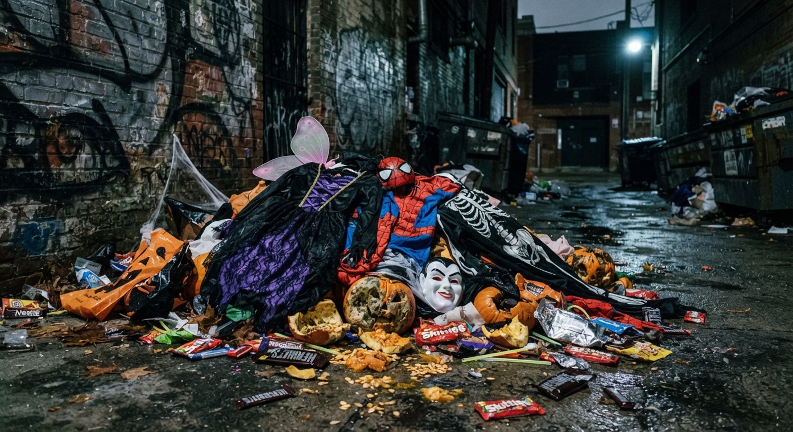 A pile of discarded Halloween costumes, cracked plastic pumpkins, and candy wrappers dumped in a dark alley beside a dumpster